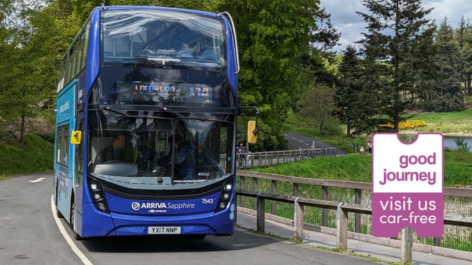 The blue branded Arriva double decker bus drives along Cragside's entrance drive on a sunny day.